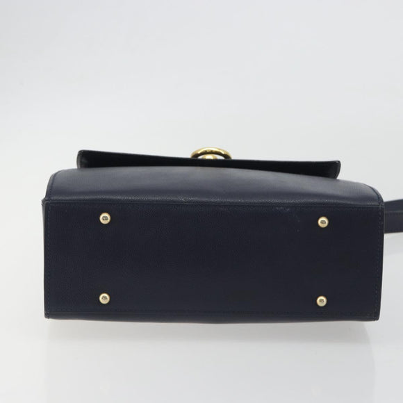 CELINE Hand Bag Leather 2way Navy Gold Auth 196242A