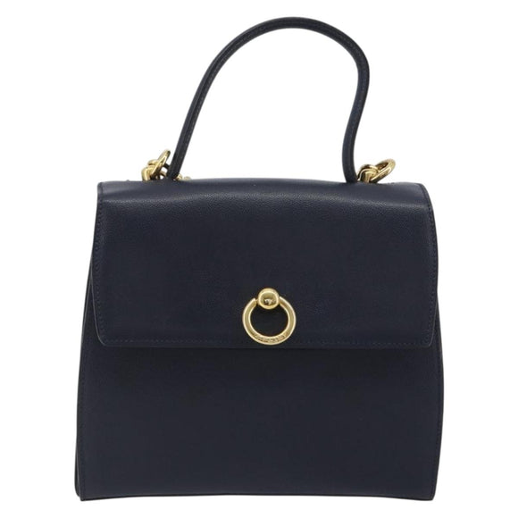CELINE Hand Bag Leather 2way Navy Gold Auth 196242A