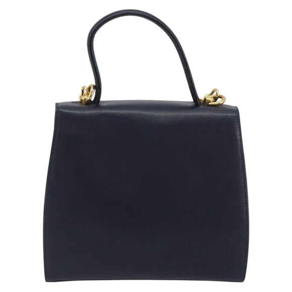 CELINE Hand Bag Leather 2way Navy Gold Auth 196242A