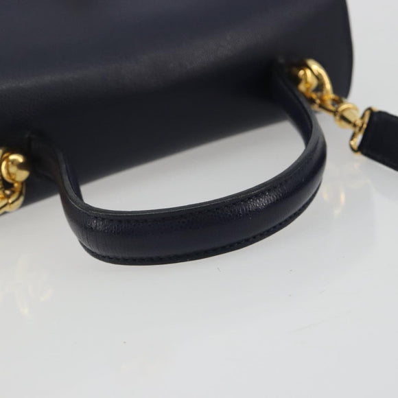 CELINE Hand Bag Leather 2way Navy Gold Auth 196242A