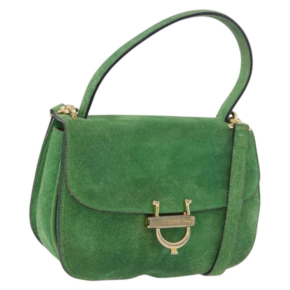 CELINE Hand Bag Suede 2way Green Gold Auth 196243