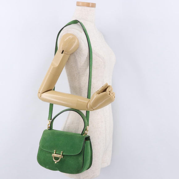 CELINE Hand Bag Suede 2way Green Gold Auth 196243