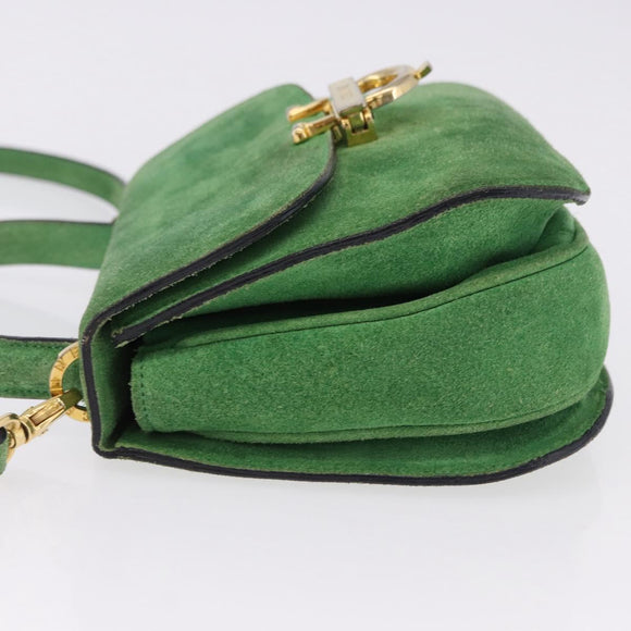 CELINE Hand Bag Suede 2way Green Gold Auth 196243