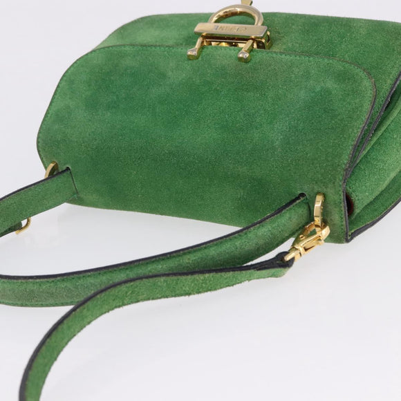 CELINE Hand Bag Suede 2way Green Gold Auth 196243