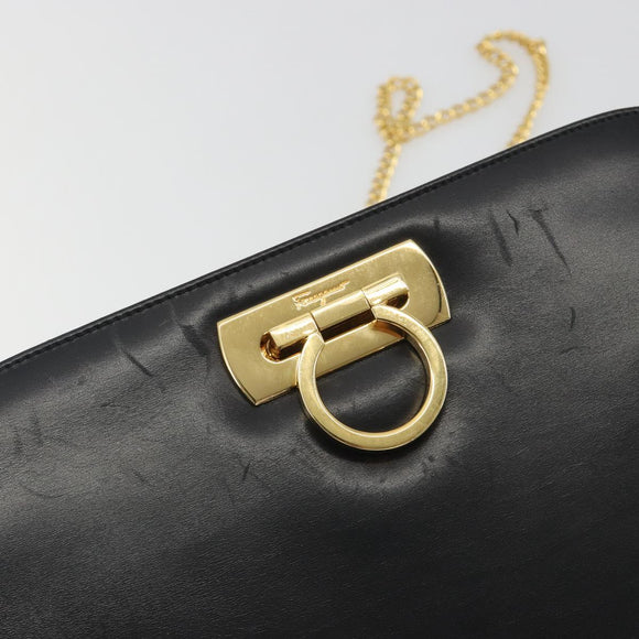 Salvatore Ferragamo Gancini Chain Shoulder Bag Leather Black Gold Auth 196249