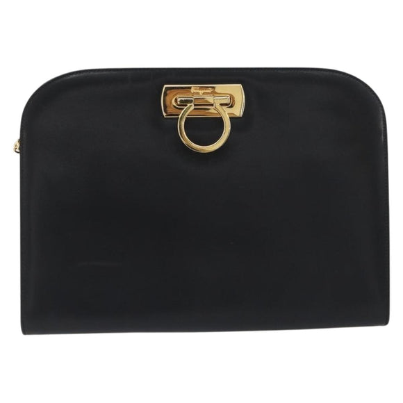 Salvatore Ferragamo Gancini Chain Shoulder Bag Leather Black Gold Auth 196249