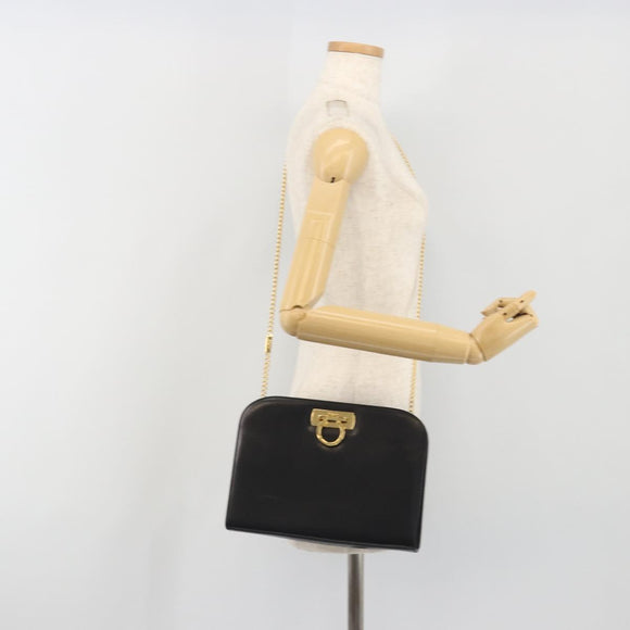 Salvatore Ferragamo Gancini Chain Shoulder Bag Leather Black Gold Auth 196249