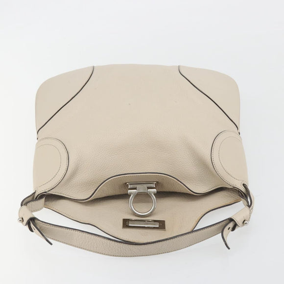 Salvatore Ferragamo Gancini Shoulder Bag Leather Ivory Silver Auth 196279