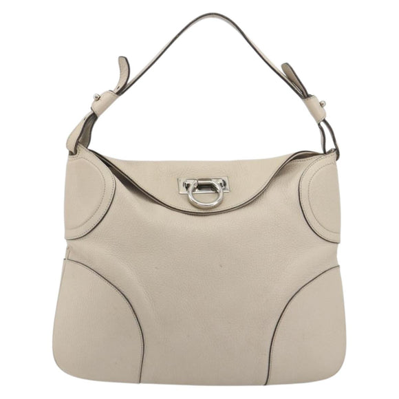 Salvatore Ferragamo Gancini Shoulder Bag Leather Ivory Silver Auth 196279