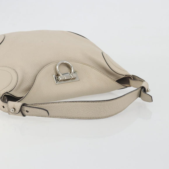 Salvatore Ferragamo Gancini Shoulder Bag Leather Ivory Silver Auth 196279