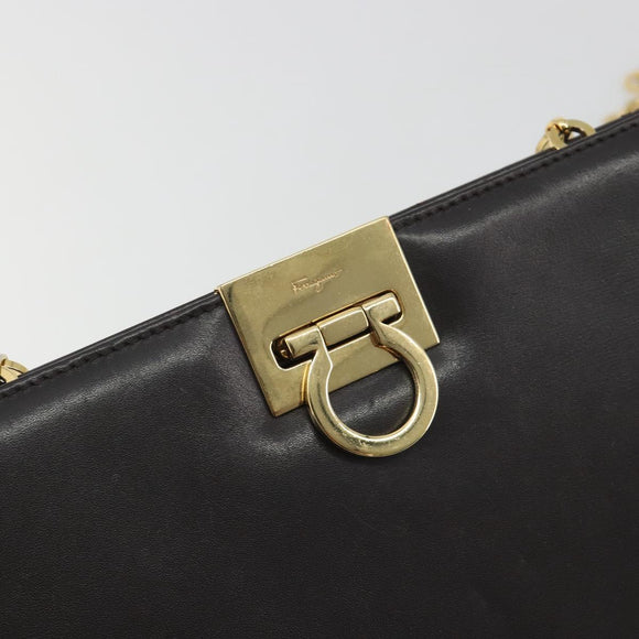 Salvatore Ferragamo Gancini Chain Bag Leather Dark Brown Gold Auth 196287
