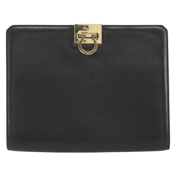 Salvatore Ferragamo Gancini Chain Bag Leather Dark Brown Gold Auth 196287