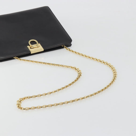 Salvatore Ferragamo Gancini Chain Bag Leather Dark Brown Gold Auth 196287