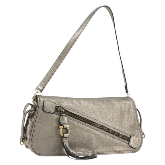Salvatore Ferragamo Gancini Shoulder Bag Leather Silver Gold Auth 196304A