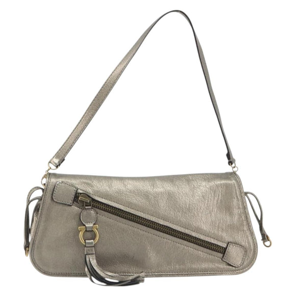 Salvatore Ferragamo Gancini Shoulder Bag Leather Silver Gold Auth 196304A