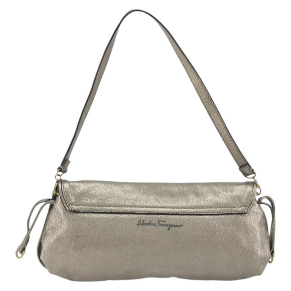 Salvatore Ferragamo Gancini Shoulder Bag Leather Silver Gold Auth 196304A