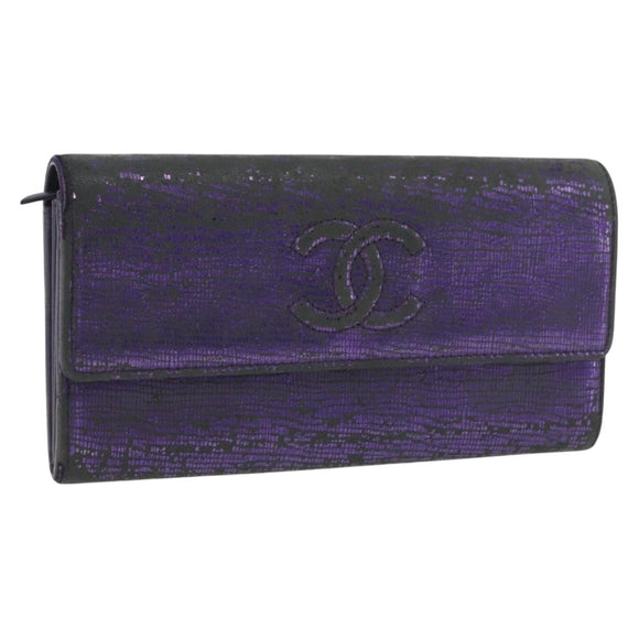 CHANEL Long Wallet Leather Purple CC Auth 196318