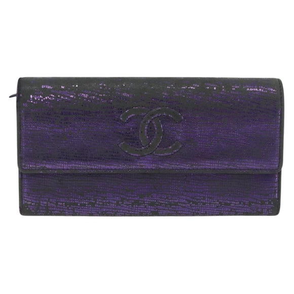CHANEL Long Wallet Leather Purple CC Auth 196318