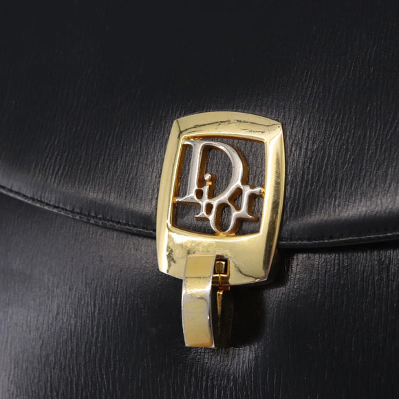 Christian Dior Hand Bag Calf Skin 2way Black Gold Auth 196348A