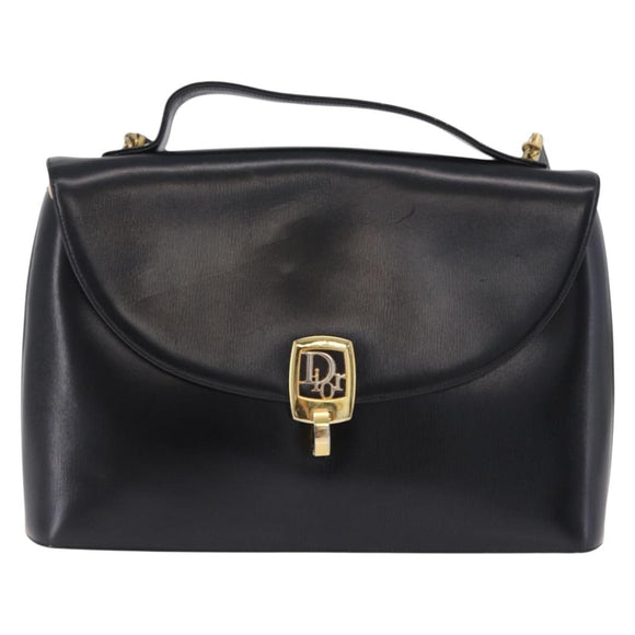 Christian Dior Hand Bag Calf Skin 2way Black Gold Auth 196348A