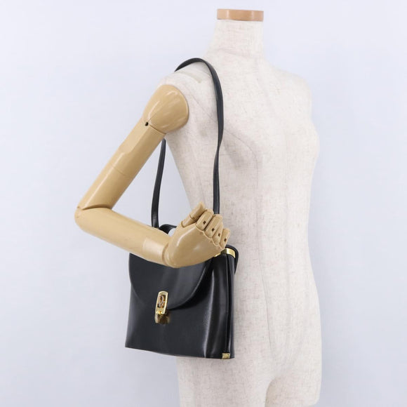 Christian Dior Hand Bag Calf Skin 2way Black Gold Auth 196348A