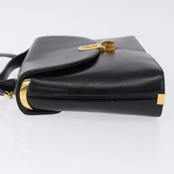Christian Dior Hand Bag Calf Skin 2way Black Gold Auth 196348A