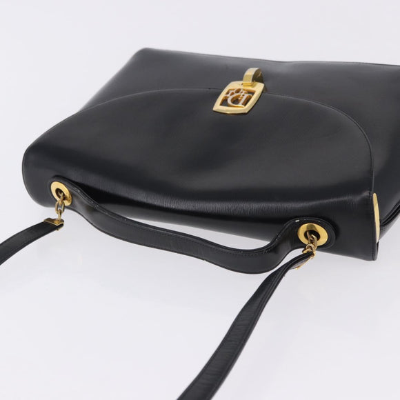 Christian Dior Hand Bag Calf Skin 2way Black Gold Auth 196348A