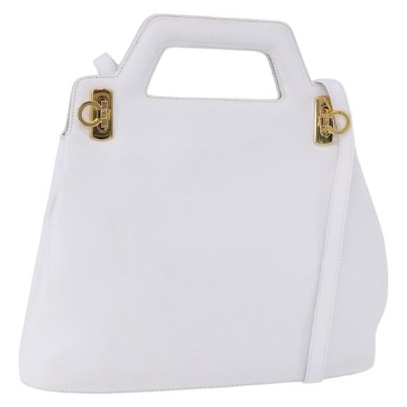 Salvatore Ferragamo Gancini Hand Bag Leather 2way White Gold Auth 196350