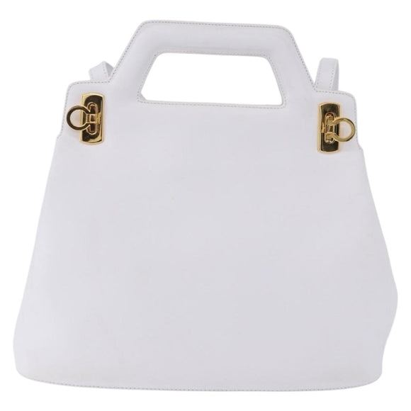 Salvatore Ferragamo Gancini Hand Bag Leather 2way White Gold Auth 196350