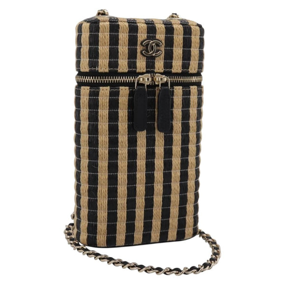 CHANEL Chain Shoulder Bag Raffia Beige Gold CC Auth 196361SAM