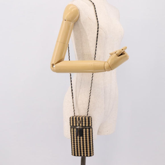 CHANEL Chain Shoulder Bag Raffia Beige Gold CC Auth 196361SAM