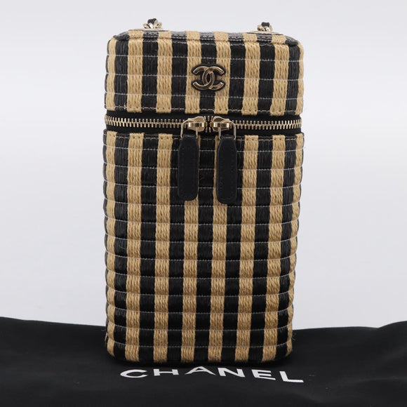 CHANEL Chain Shoulder Bag Raffia Beige Gold CC Auth 196361SAM