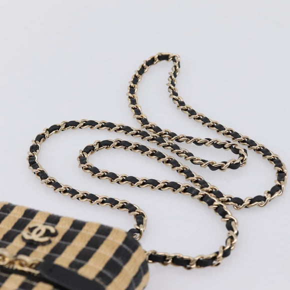 CHANEL Chain Shoulder Bag Raffia Beige Gold CC Auth 196361SAM
