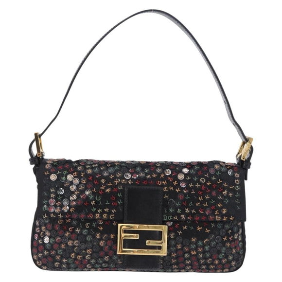 FENDI Mamma Baguette Shoulder Bag Nylon Sequins 2way Brown Gold Auth 196362SM