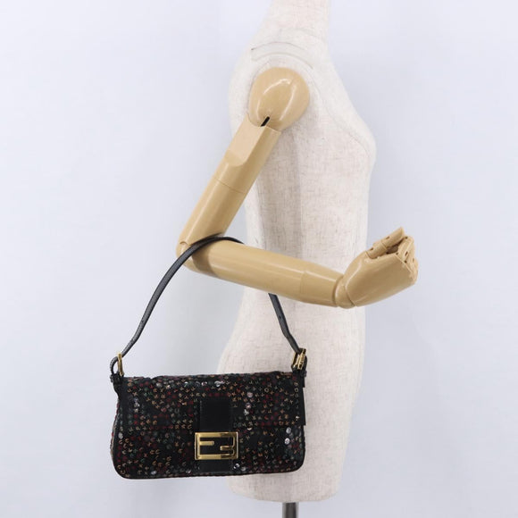 FENDI Mamma Baguette Shoulder Bag Nylon Sequins 2way Brown Gold Auth 196362SM