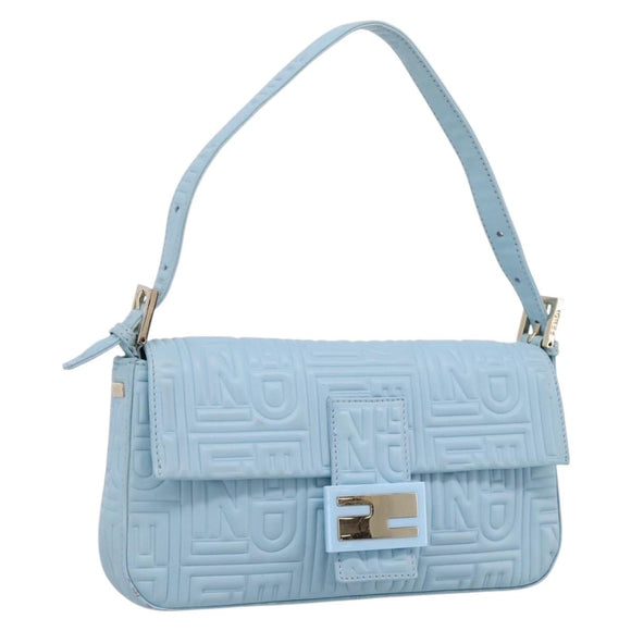 FENDI Mamma Baguette Shoulder Bag Light Blue Silver Auth 196364M
