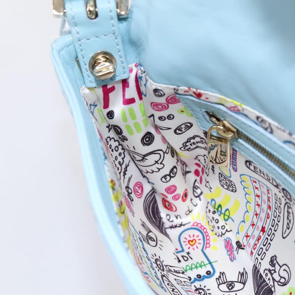 FENDI Mamma Baguette Shoulder Bag Light Blue Silver Auth 196364M