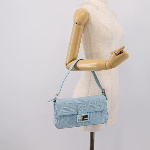FENDI Mamma Baguette Shoulder Bag Light Blue Silver Auth 196364M