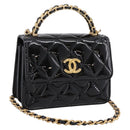 CHANEL Matelasse Hand Bag Patent Leather 2way Black Gold CC Auth 196372SAM-1
