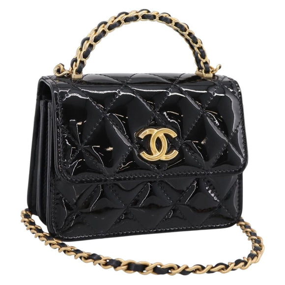 CHANEL Matelasse Hand Bag Patent Leather 2way Black Gold CC Auth 196372SAM