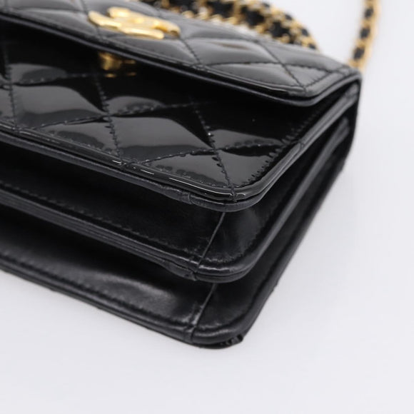 CHANEL Matelasse Hand Bag Patent Leather 2way Black Gold CC Auth 196372SAM