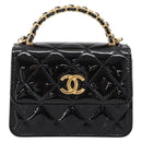CHANEL Matelasse Hand Bag Patent Leather 2way Black Gold CC Auth 196372SAM-2