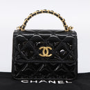 CHANEL Matelasse Hand Bag Patent Leather 2way Black Gold CC Auth 196372SAM-24