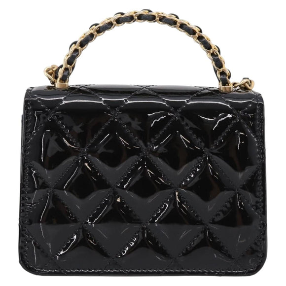 CHANEL Matelasse Hand Bag Patent Leather 2way Black Gold CC Auth 196372SAM