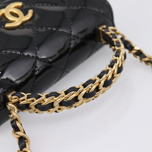 CHANEL Matelasse Hand Bag Patent Leather 2way Black Gold CC Auth 196372SAM