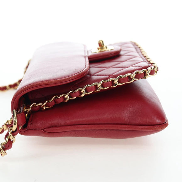 CHANEL Mini Matelasse 20 Chain Bag Lamb Skin 2way Red Gold CC Auth 196377M