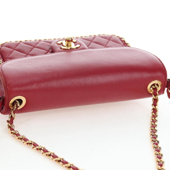 CHANEL Mini Matelasse 20 Chain Bag Lamb Skin 2way Red Gold CC Auth 196377M
