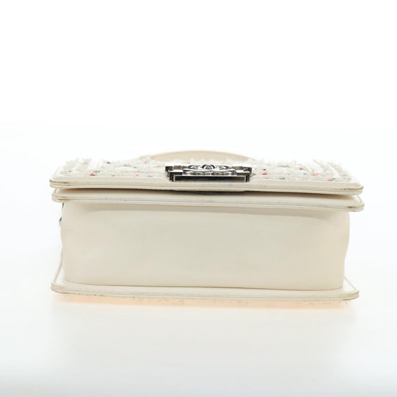 CHANEL Matelasse Boy Chanel Chain Bag Leather White Silver CC Auth 196378M