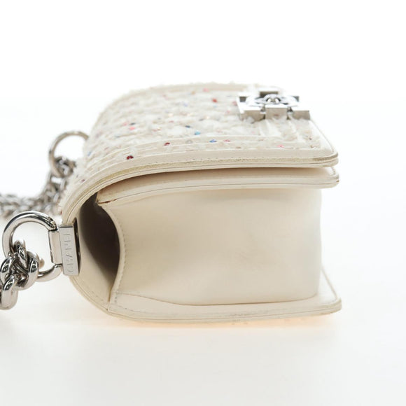 CHANEL Matelasse Boy Chanel Chain Bag Leather White Silver CC Auth 196378M