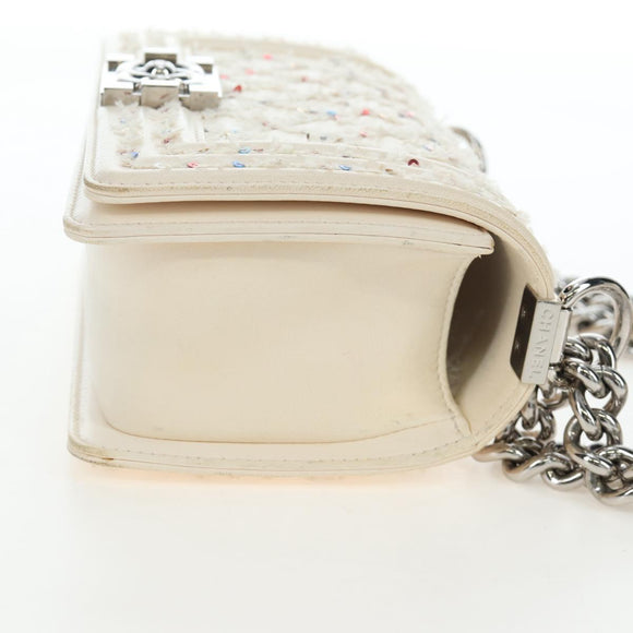 CHANEL Matelasse Boy Chanel Chain Bag Leather White Silver CC Auth 196378M